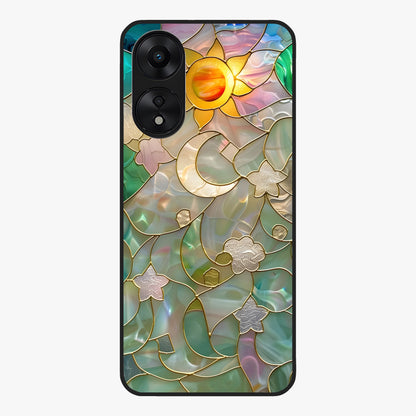 Stained Sunrise Glow Glass Case showing flat back view with glowing sunrise stained pattern artwork and glossy glass finish.