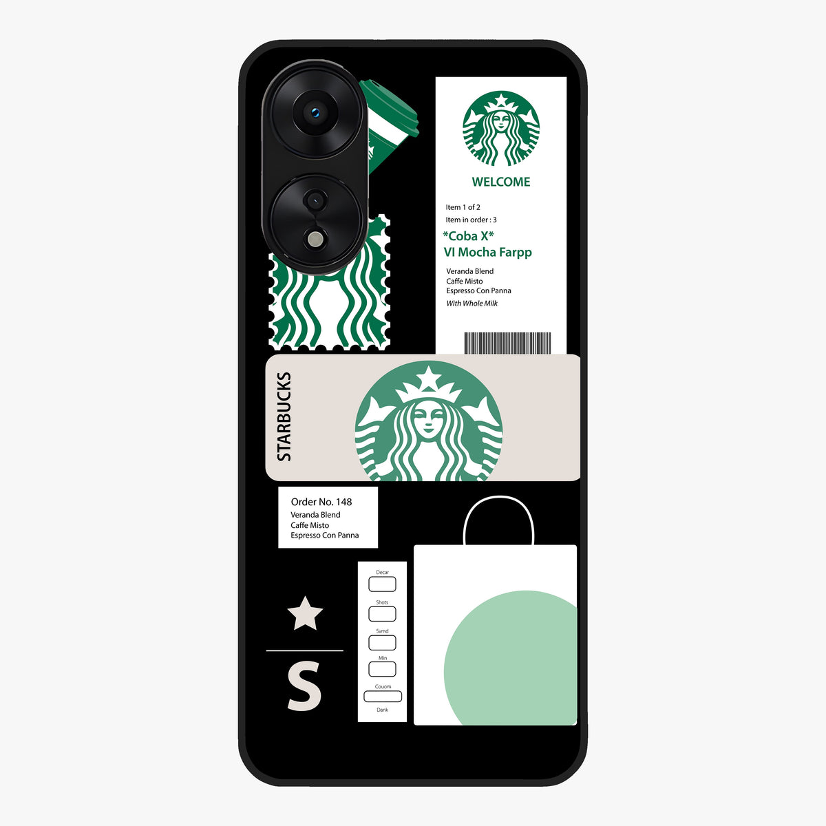 Starbucks Mocha Glass Case showing flat back view with coffee inspired artwork and glossy glass finish.