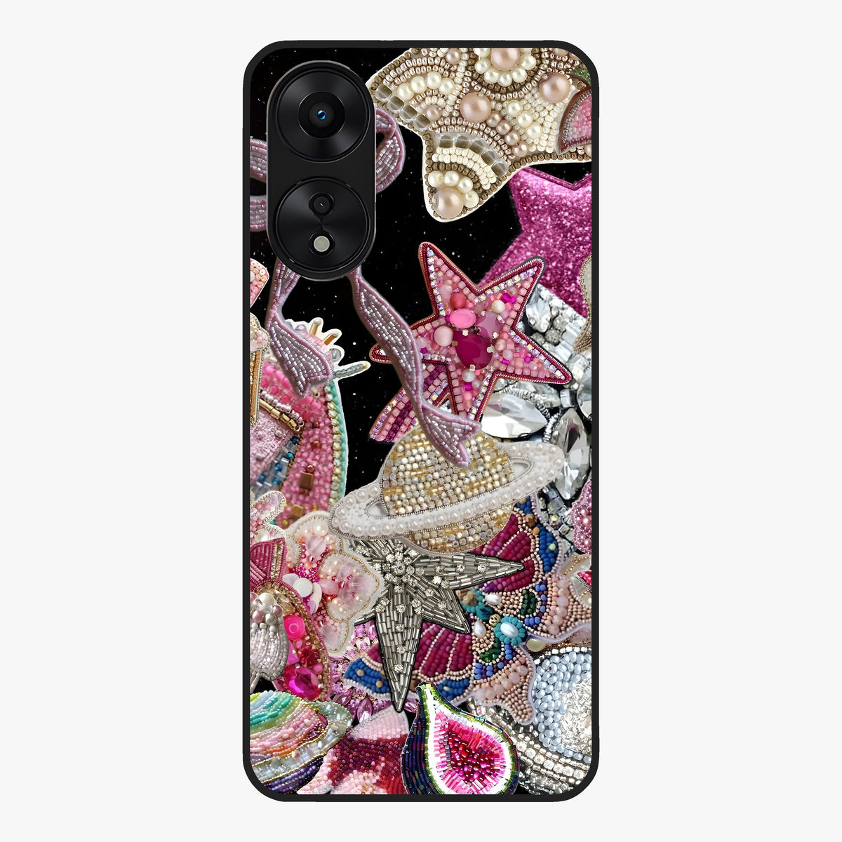 Starlit Jewel Dream Glass Case showing flat back view with sparkling jewel and star themed artwork and glossy glass finish.