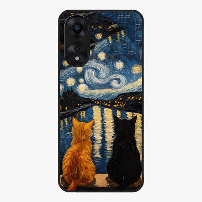 Starry River Cats Glass Case showing flat back view with cats by a starry river artwork and glossy glass finish.