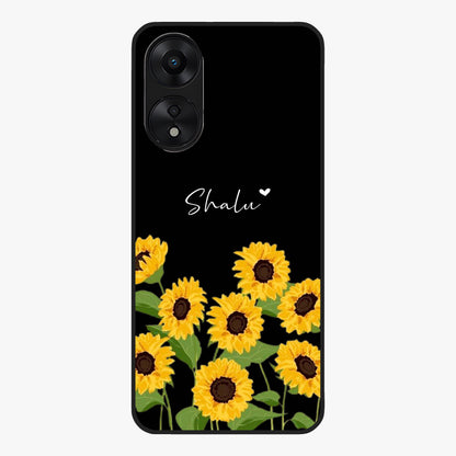 Sunflower Chic Mood Custom Name Glass Case showing flat back view with stylish sunflower artwork and personalized name design.