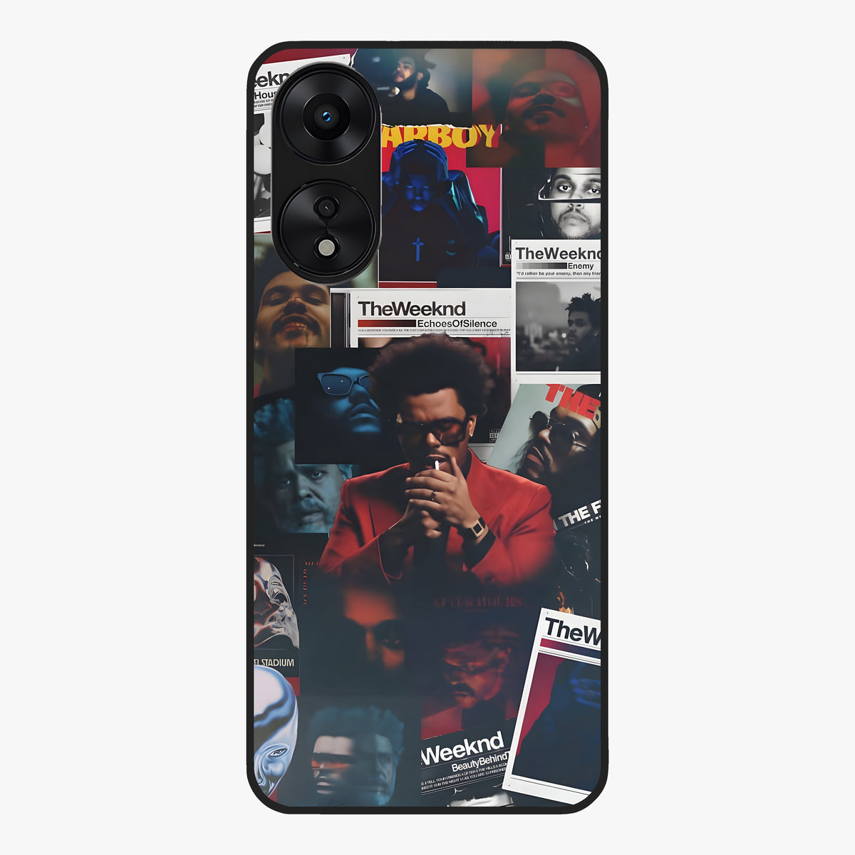The Weeknd Glass Case showing flat back view with music inspired artistic portrait artwork and glossy glass finish.