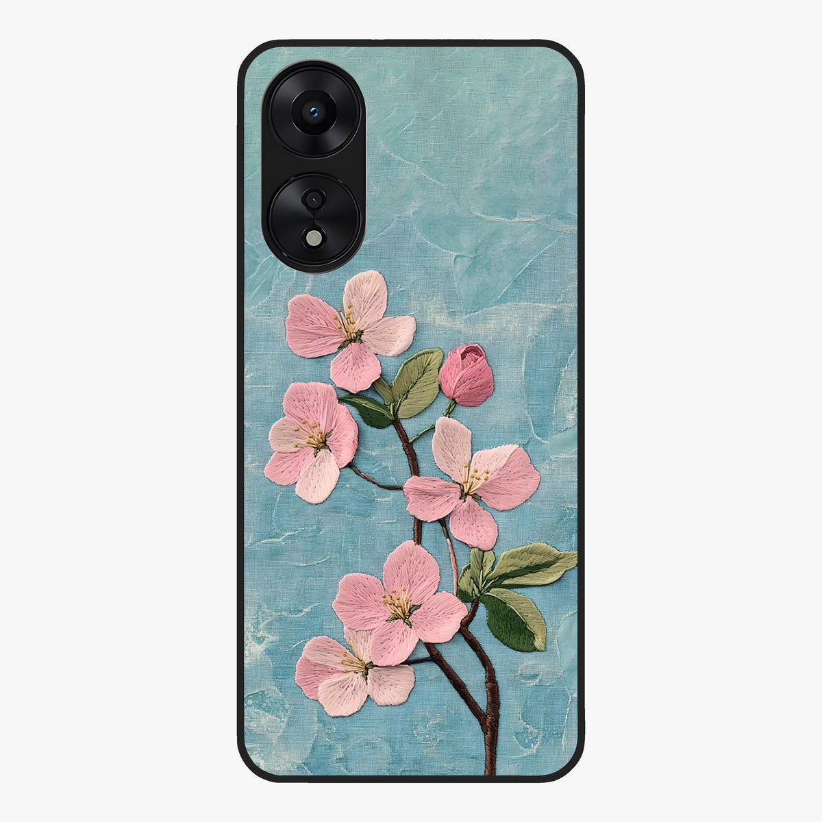 Threaded Blossom Breeze Glass Case showing flat back view with delicate blossom artwork and glossy glass finish.