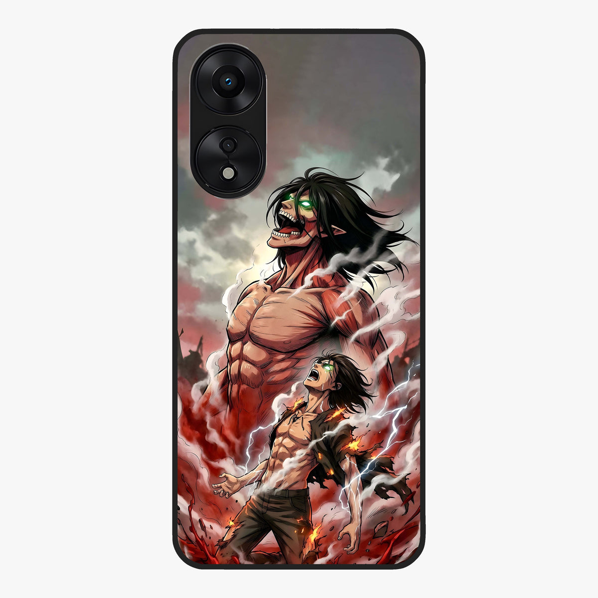 Titan Awakening Fury Glass Case showing flat back view with powerful titan inspired artwork and glossy glass finish.