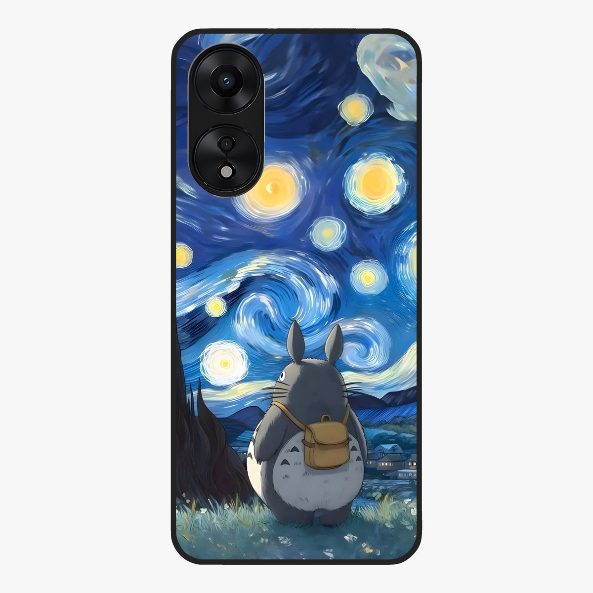 Totoro In Van Gogh Art Glass Case showing flat back view with whimsical character artwork inspired by Van Gogh style and glossy glass finish.