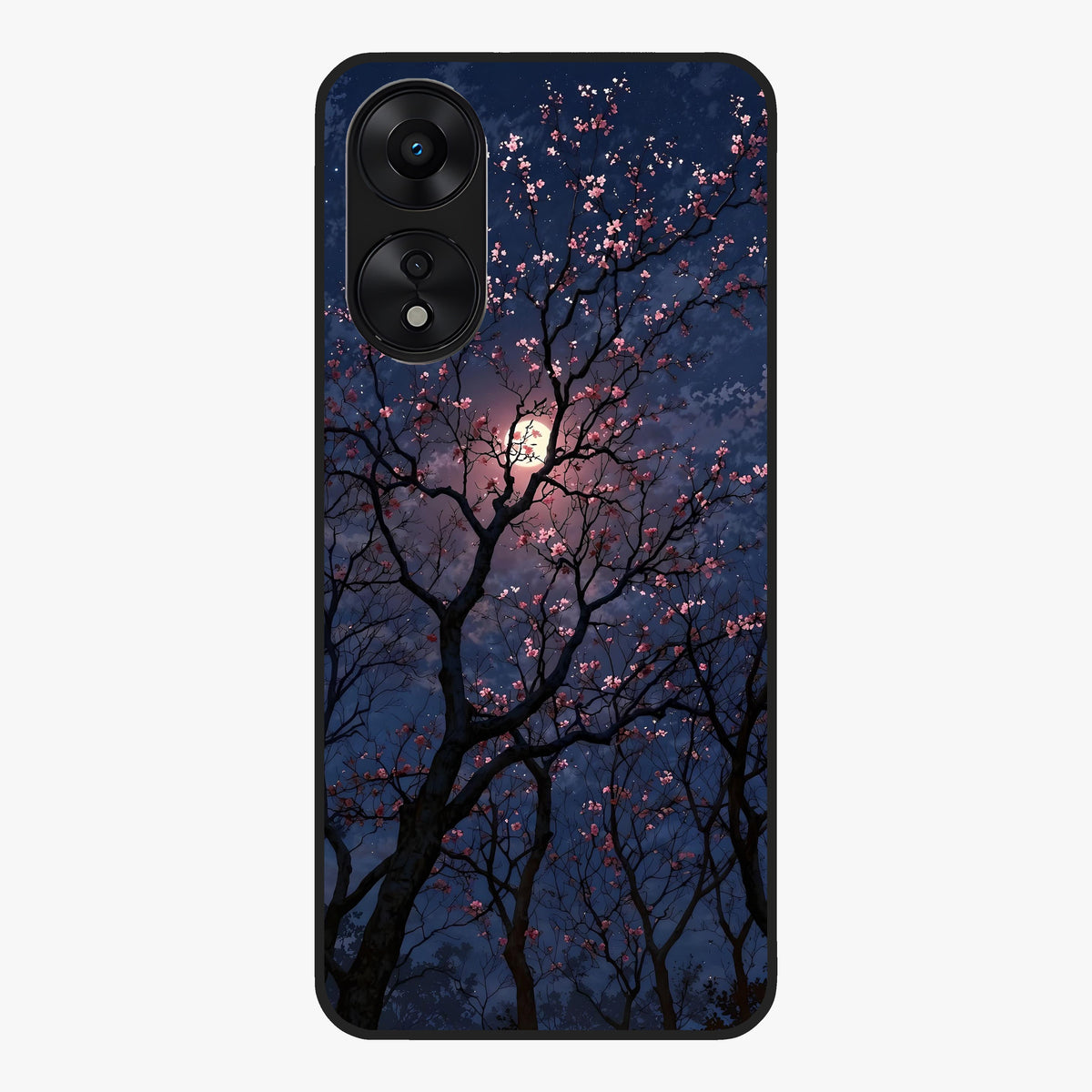 Twilight Sakura Serenade Glass Case showing flat back view with cherry blossom artwork at twilight and glossy glass finish.