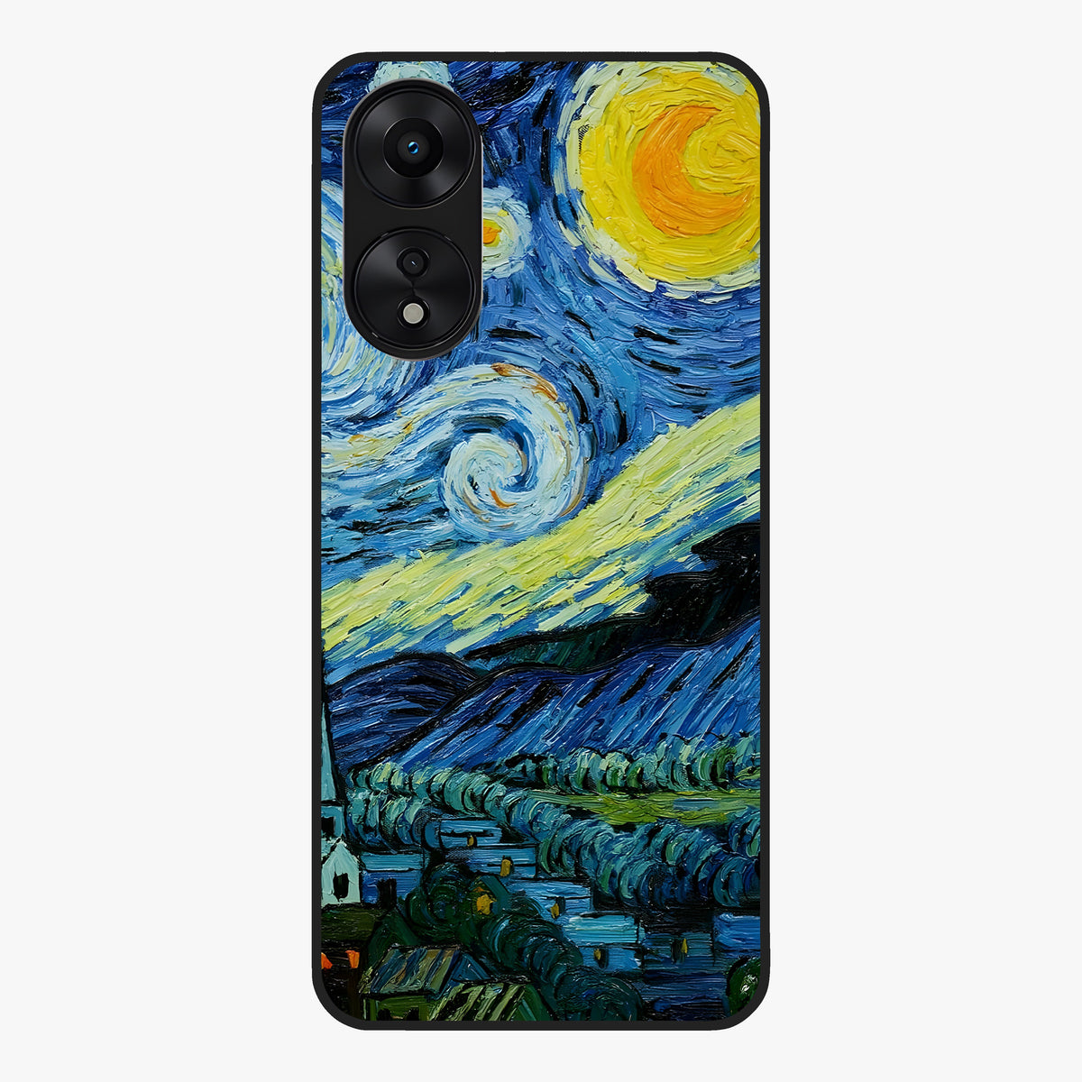 Van Gogh Art Glass Case showing flat back view with classic painterly artwork inspired by Van Gogh style and glossy glass finish.