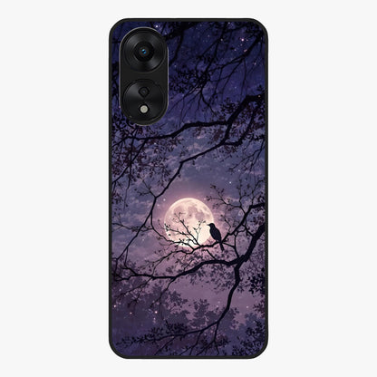 Whispering Moon Silence Glass Case showing flat back view with serene moon themed artwork and glossy glass finish.