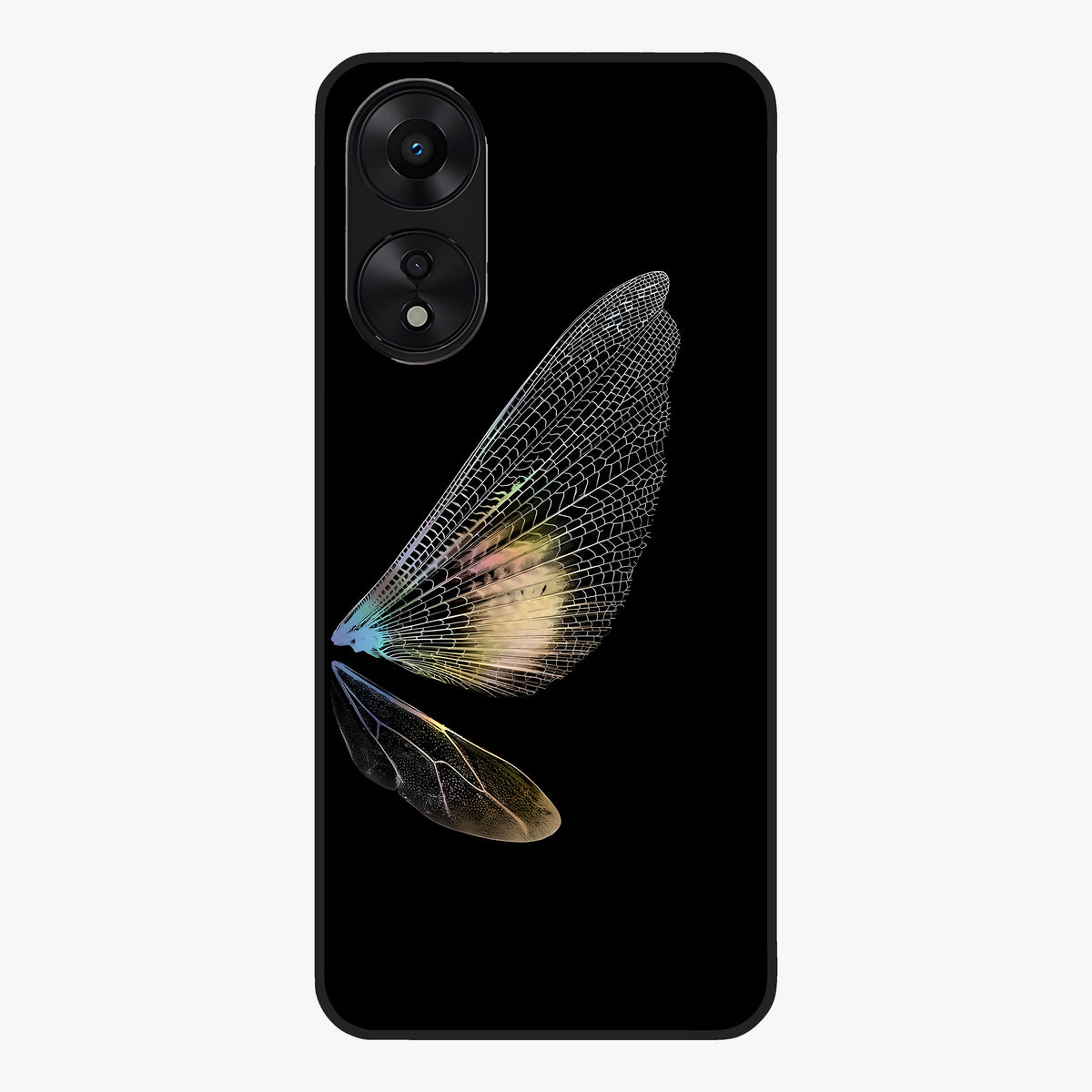Whispers Of Wings Glass Case showing flat back view with graceful wing inspired artwork and glossy glass finish.