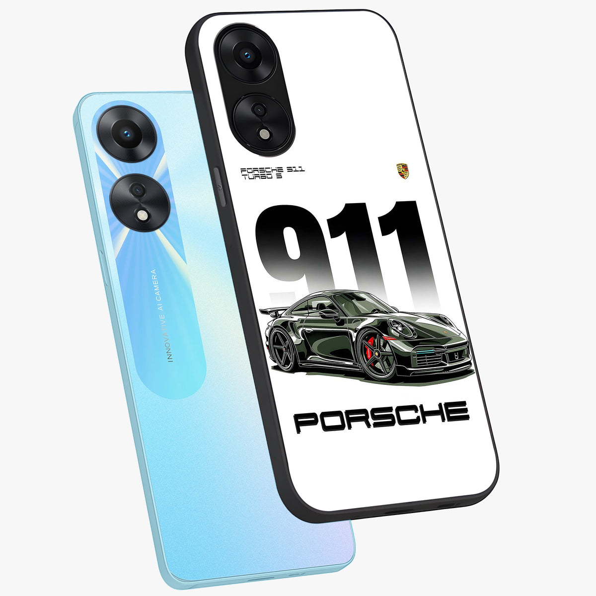 911 Turbo Dominance Glass Case displayed in premium angled mockup highlighting sporty car illustration and sleek glass surface.