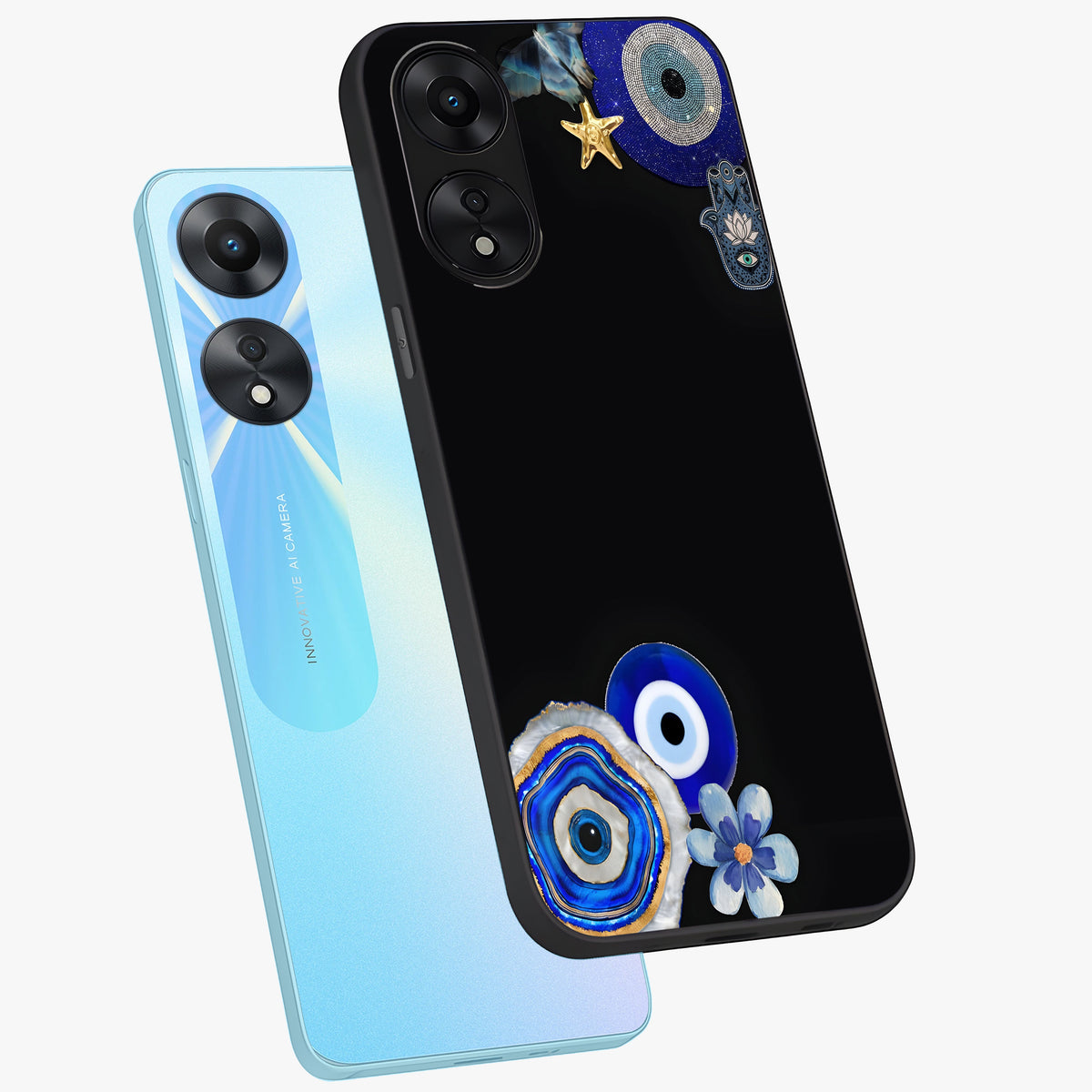 Aesthetic Blue Evil Eye Glass Case displayed in angled mockup highlighting blue evil eye symbol and spiritual aesthetic design.