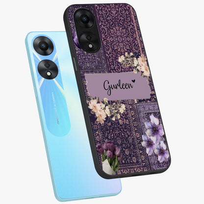 Antique Floral Whisper Custom Name Glass Case displayed in angled mockup highlighting elegant antique floral aesthetic.