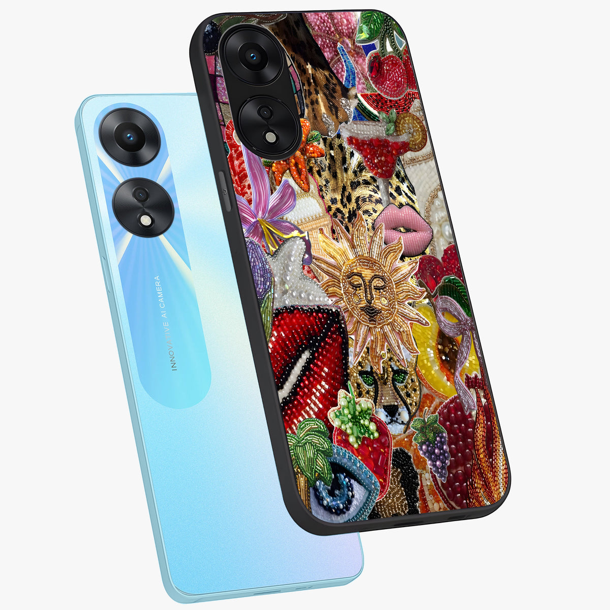 Beaded Fashion Jungle Glass Case displayed in angled mockup highlighting colorful fashion bead design and artistic pattern.