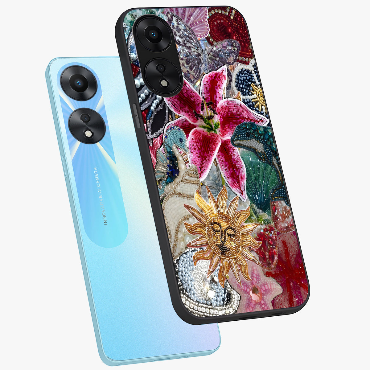 Beaded Garden Fantasy Glass Case displayed in angled mockup highlighting fantasy inspired floral bead pattern.