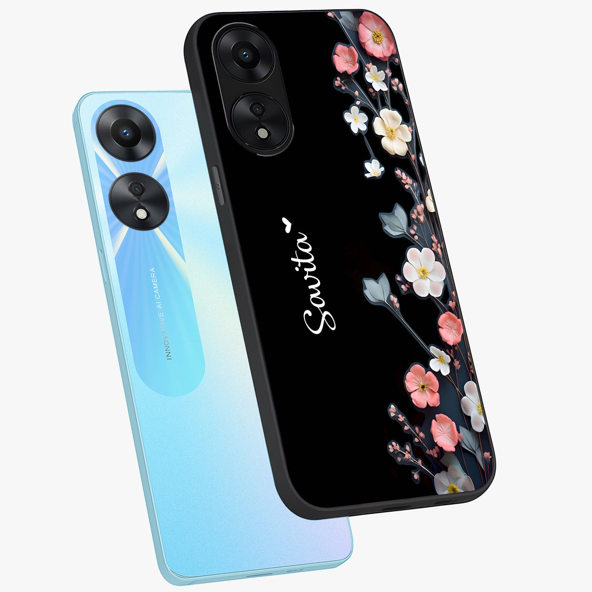 Black Elegance Floral Custom Name Glass Case displayed in angled mockup highlighting dark floral aesthetic and custom name feature.