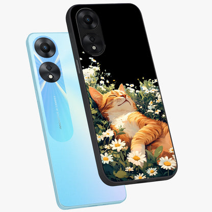 Blissful Bloom Cat Glass Case displayed in angled mockup highlighting playful feline illustration with soft floral aesthetic.