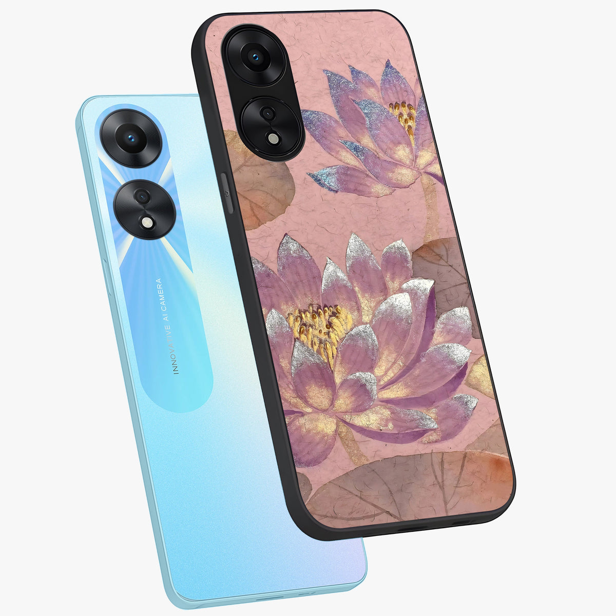 Blossom Mist Lotus Glass Case displayed in angled mockup highlighting delicate lotus illustration with calm aesthetic theme.