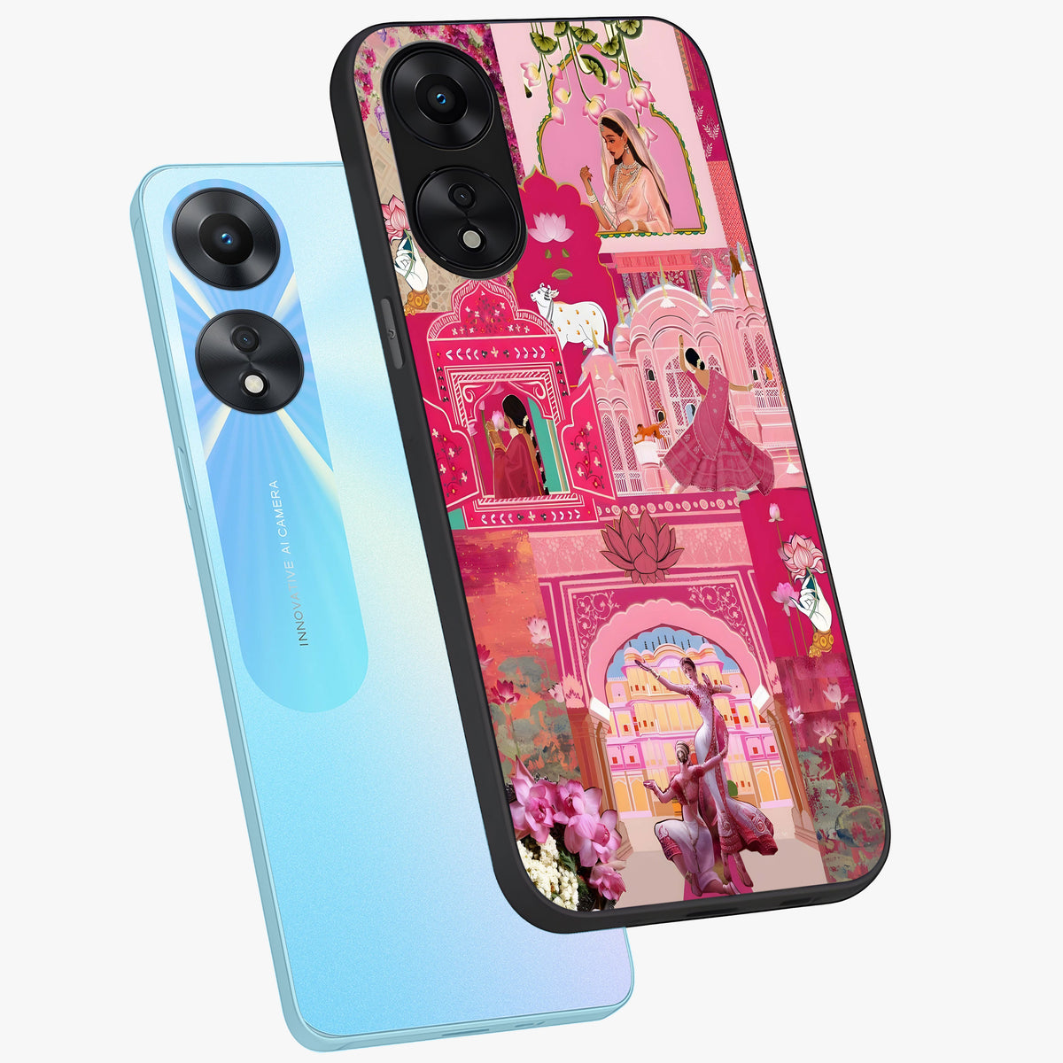 Blossoms of Rajasthan Glass Case displayed in angled mockup highlighting vibrant floral pattern with cultural aesthetic style.