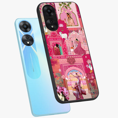 Blossoms of Rajasthan Glass Case displayed in angled mockup highlighting vibrant floral pattern with cultural aesthetic style.