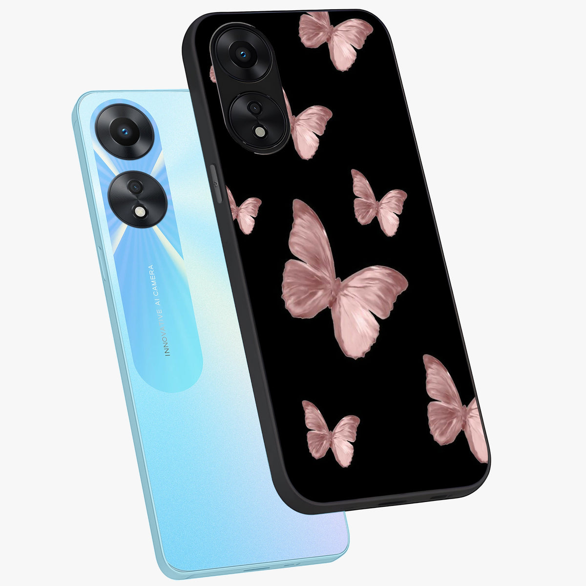 Butterfly Pattern Glass Case displayed in angled mockup highlighting delicate butterfly design and aesthetic pattern style.