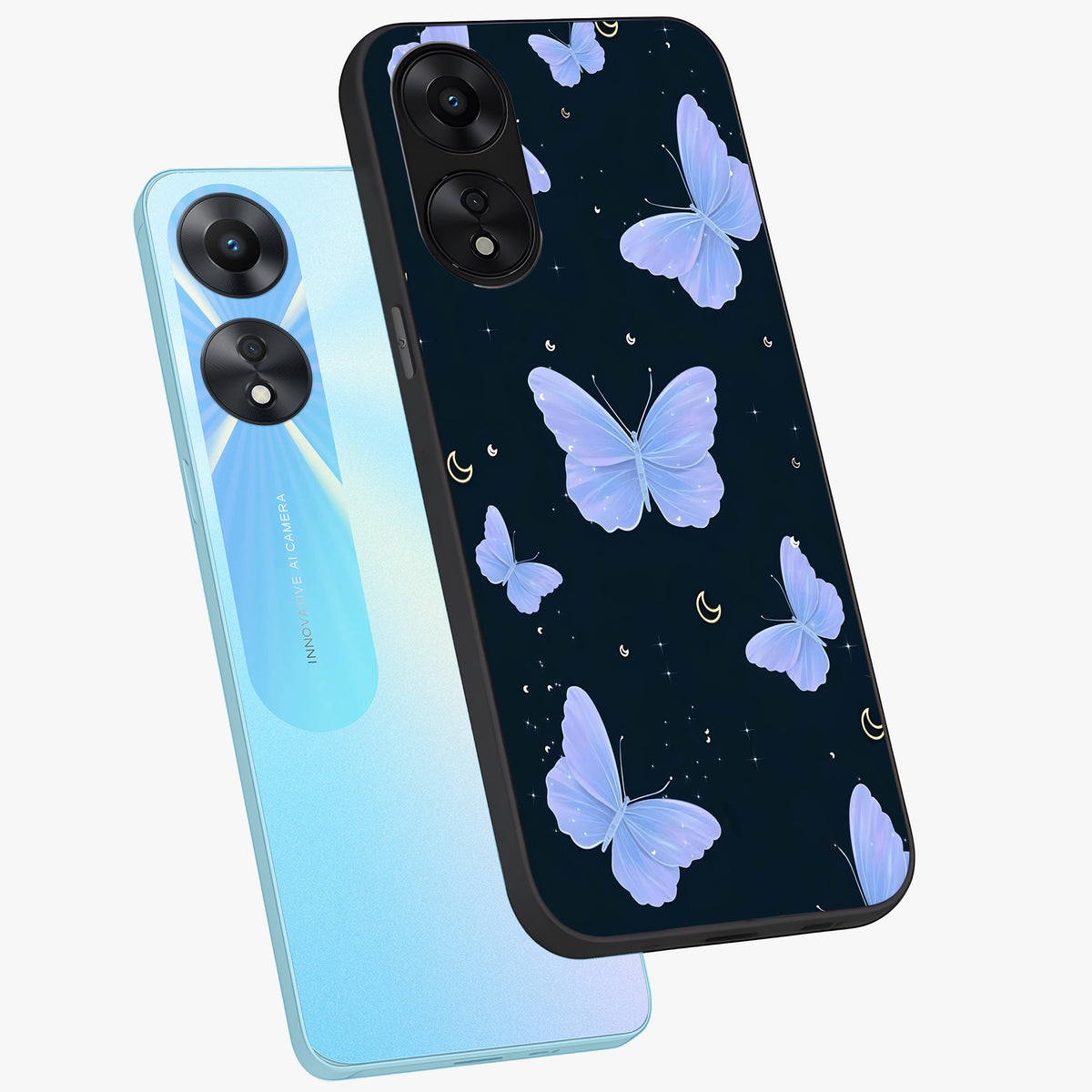 Butterfly With Stars Pattern Glass Case displayed in angled mockup highlighting dreamy butterfly and star design with aesthetic theme.