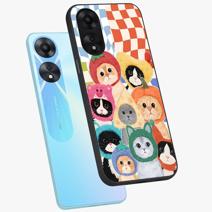 Cats in Fruits Glass Case displayed in angled mockup highlighting cute feline fruit design with colorful aesthetic style.