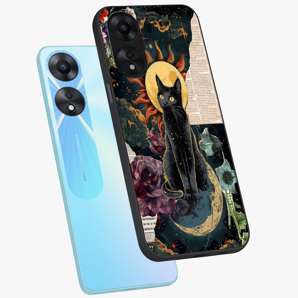 Celestial Black Cat Glass Case displayed in angled mockup highlighting cosmic black cat design with celestial aesthetic.