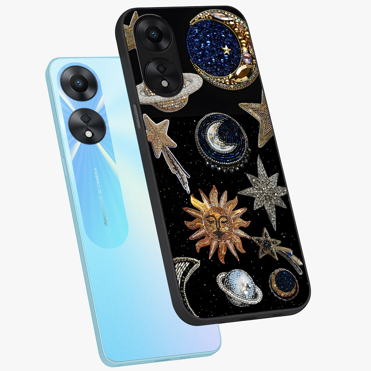 Celestial Gem Constellations Glass Case displayed in angled mockup highlighting gemstone inspired constellation design.