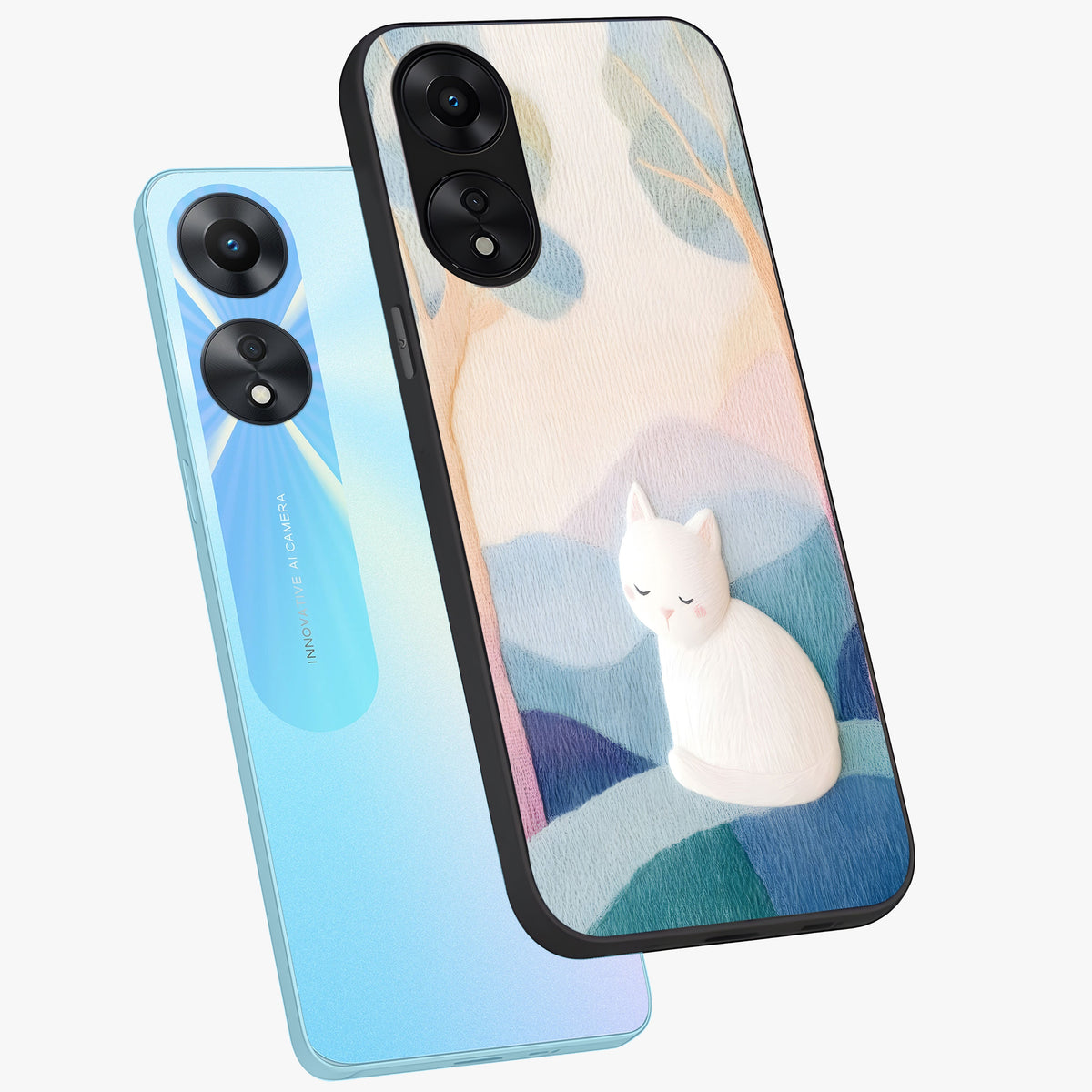 Cotton Dream Cat Glass Case displayed in angled mockup highlighting cute feline illustration with pastel aesthetic style.