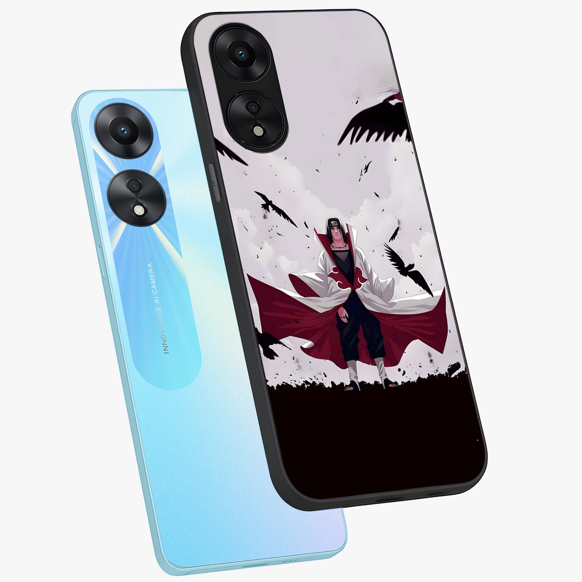 Crimson Crow Ascension Glass Case displayed in angled mockup highlighting powerful crow illustration with dark crimson aesthetic.