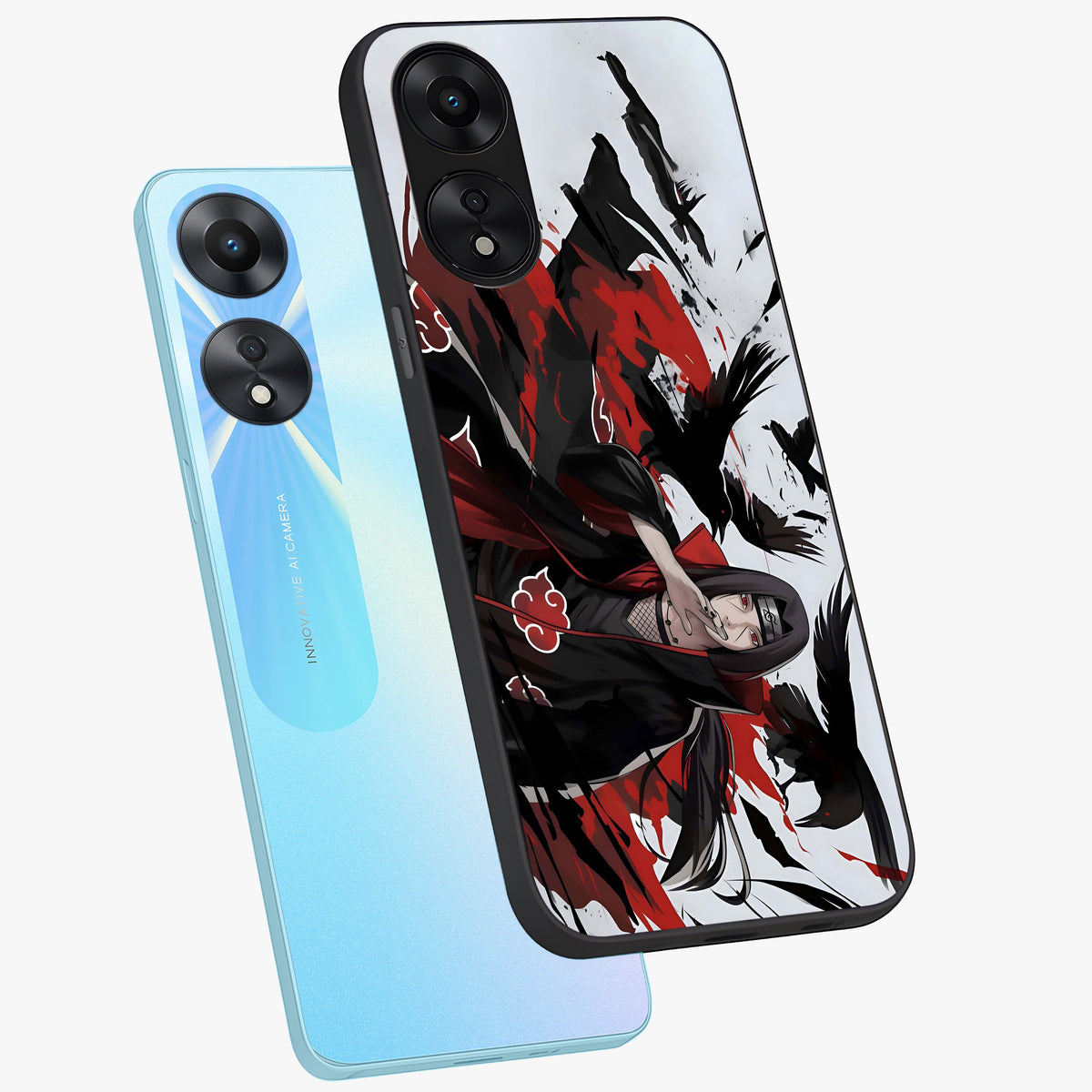 Crimson Crow Illusion Glass Case displayed in angled mockup highlighting mysterious crow graphic with dark aesthetic style.