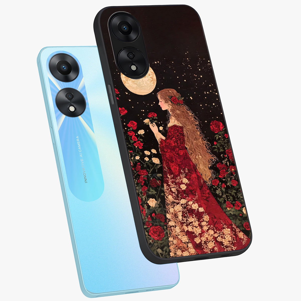 Crimson Dreams Glass Case displayed in angled mockup highlighting soft crimson aesthetic design with artistic theme.