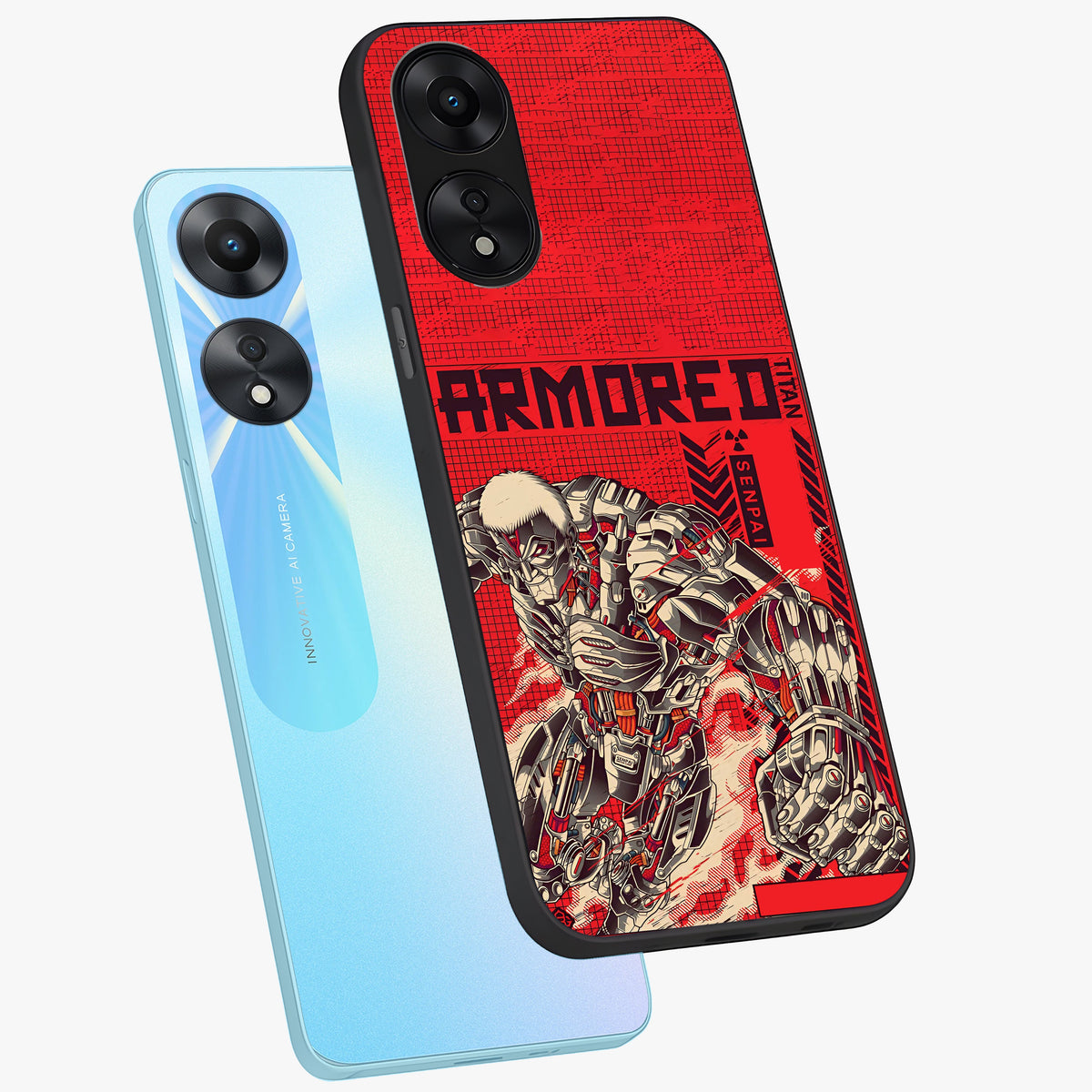 Crimson Mecha Titan Glass Case displayed in angled mockup highlighting futuristic mech illustration with bold crimson aesthetic.