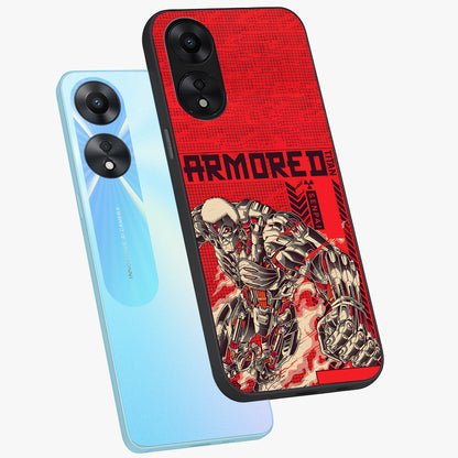 Crimson Mecha Titan Glass Case displayed in angled mockup highlighting futuristic mech illustration with bold crimson aesthetic.