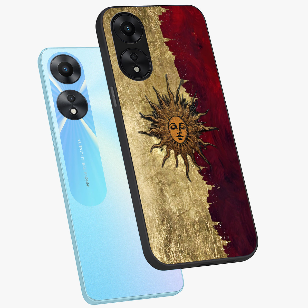 Crimson Sun Majesty Glass Case displayed in angled mockup highlighting majestic crimson sun design with bold aesthetic style.