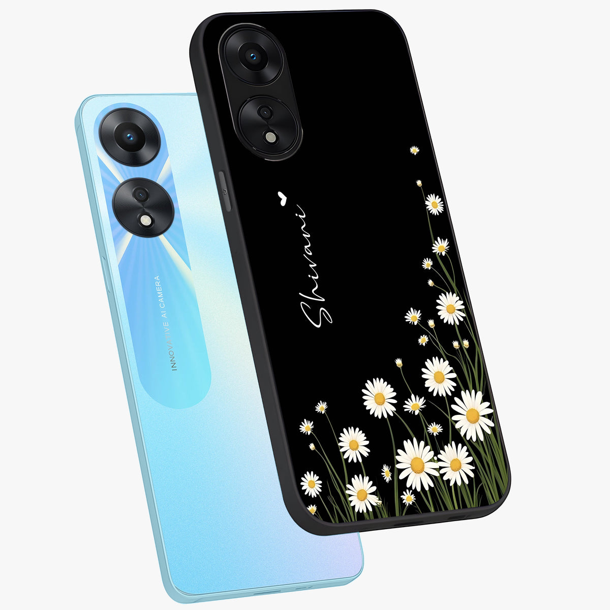 Daisy Cascade Custom Name Glass Case displayed in angled mockup highlighting delicate daisy artwork with custom name feature.