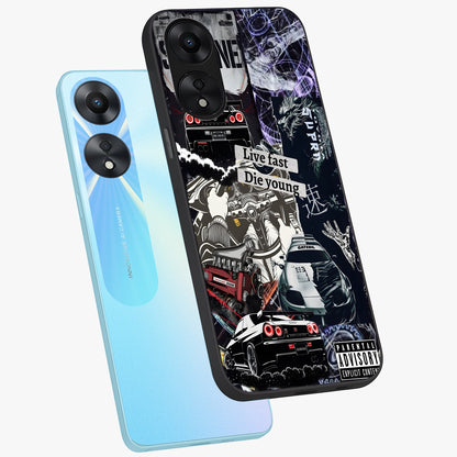 Die Young Glass Case displayed in angled mockup highlighting expressive graphic artwork with edgy aesthetic style.