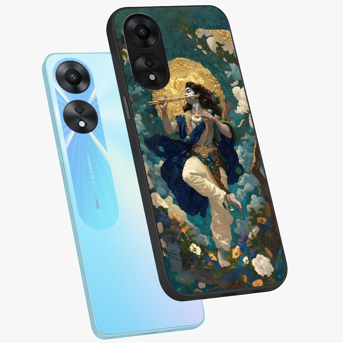 Divine Krishna Art Glass Case displayed in angled mockup highlighting spiritual Krishna illustration with devotional aesthetic.