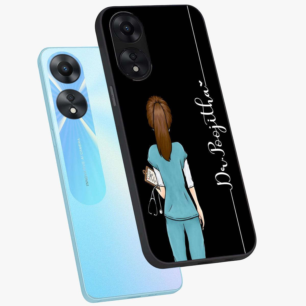 Doctor Pattern Custom Name Glass Case displayed in angled mockup highlighting doctor inspired artwork with custom name feature.