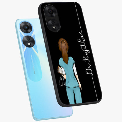 Doctor Pattern Custom Name Glass Case displayed in angled mockup highlighting doctor inspired artwork with custom name feature.