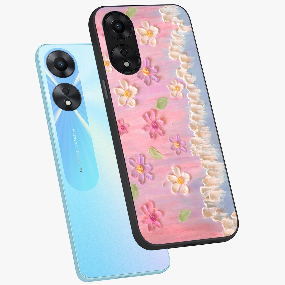 Dreamy Painted Garden Glass Case displayed in angled mockup highlighting colorful garden illustration with dreamy aesthetic style.