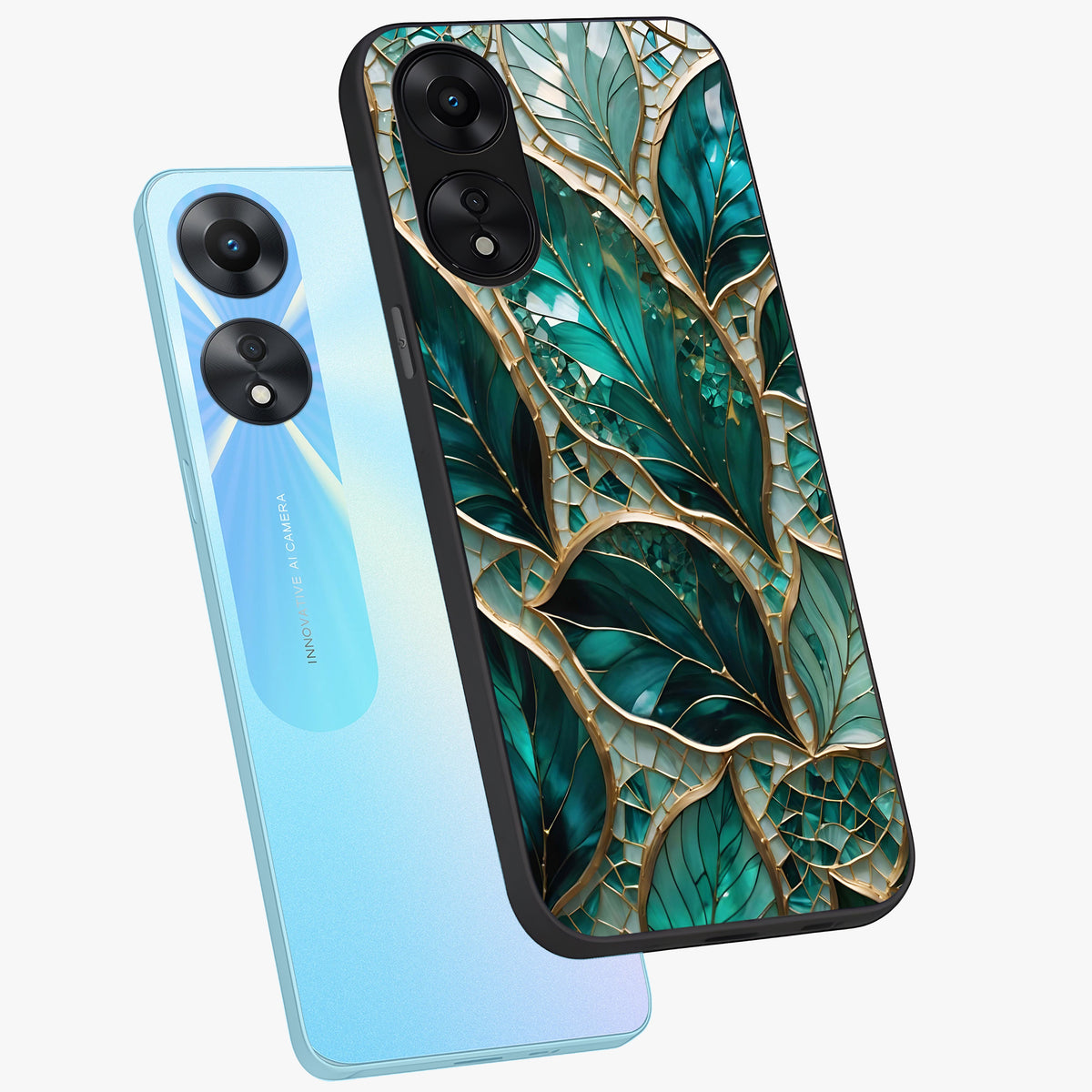 Emerald Leaf Glass Glass Case displayed in angled mockup highlighting botanical leaf illustration with elegant natural aesthetic.