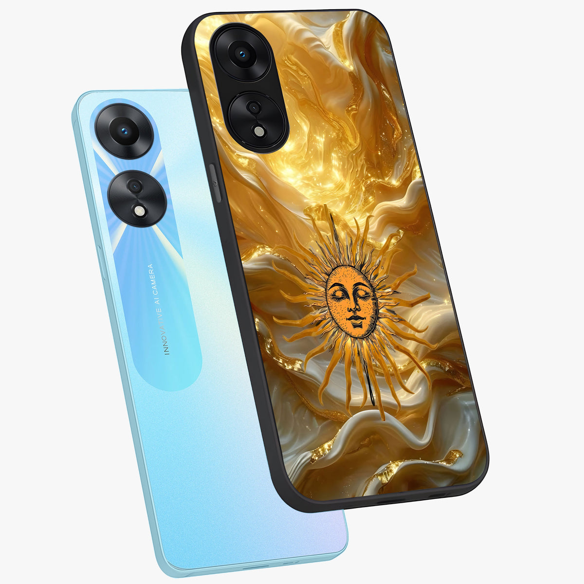 Eternal Golden Glow Glass Case displayed in angled mockup highlighting glowing golden aesthetic design with elegant style.
