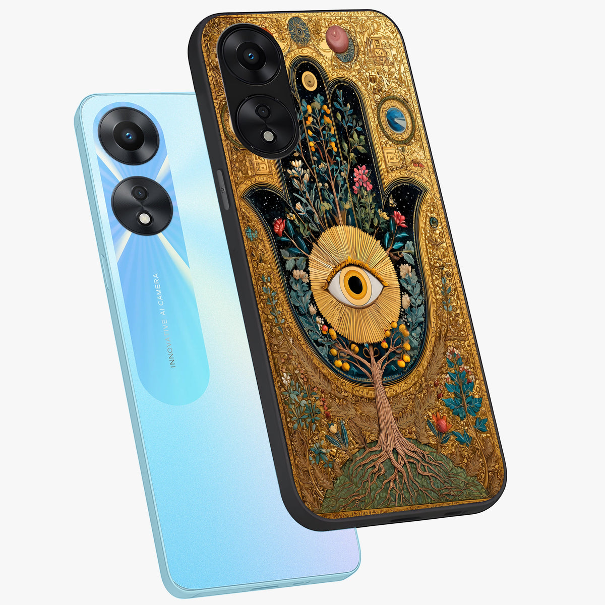Ethereal Evil Eye Glass Case displayed in angled mockup highlighting protective evil eye symbol with spiritual aesthetic design.