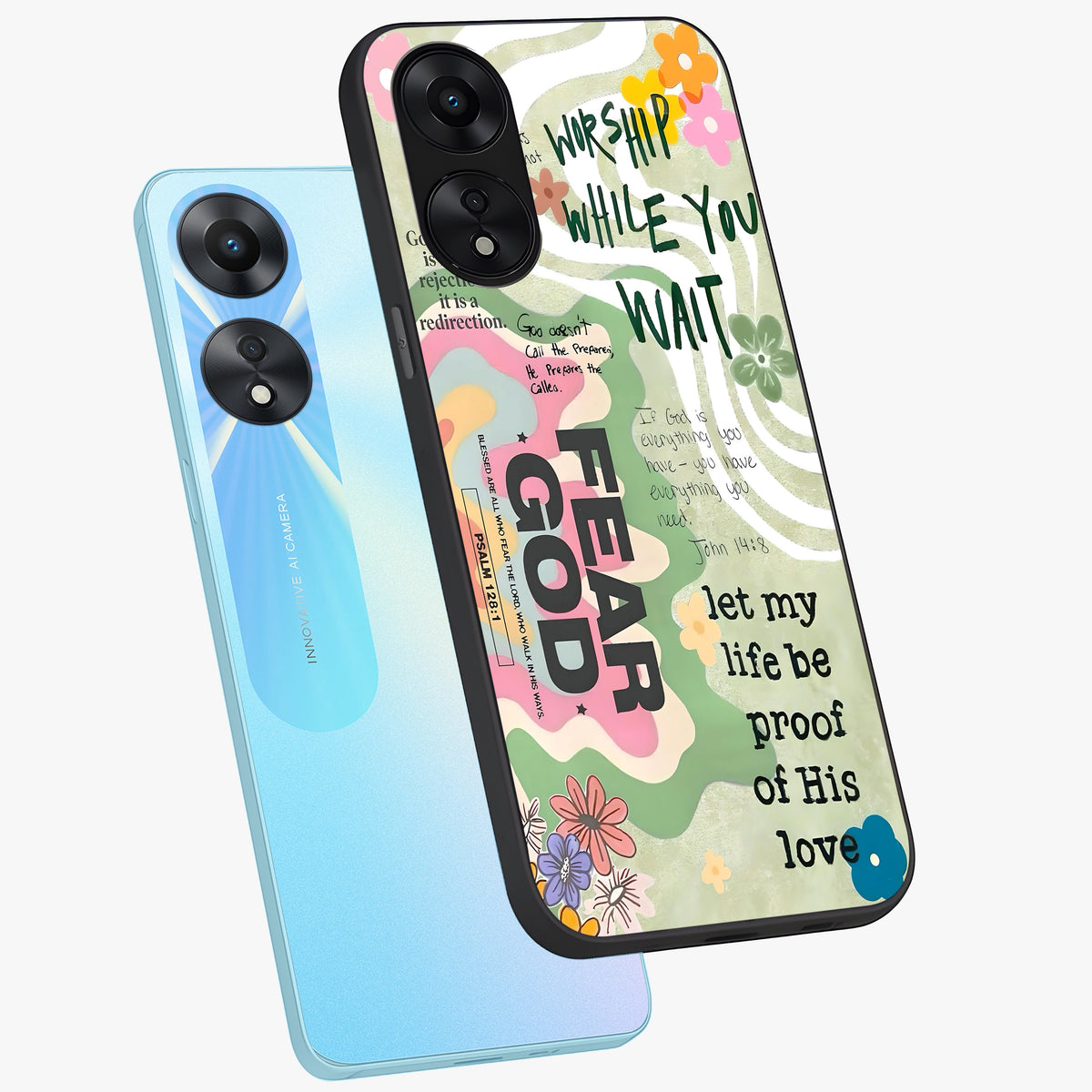 Faith Over Fear Glass Case displayed in angled mockup highlighting inspirational message design with modern aesthetic style.