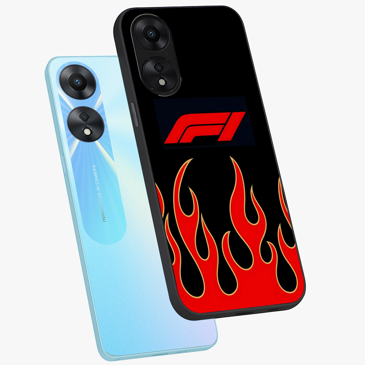Fire F11 Glass Case displayed in angled mockup highlighting bold fire inspired graphic with energetic aesthetic style.