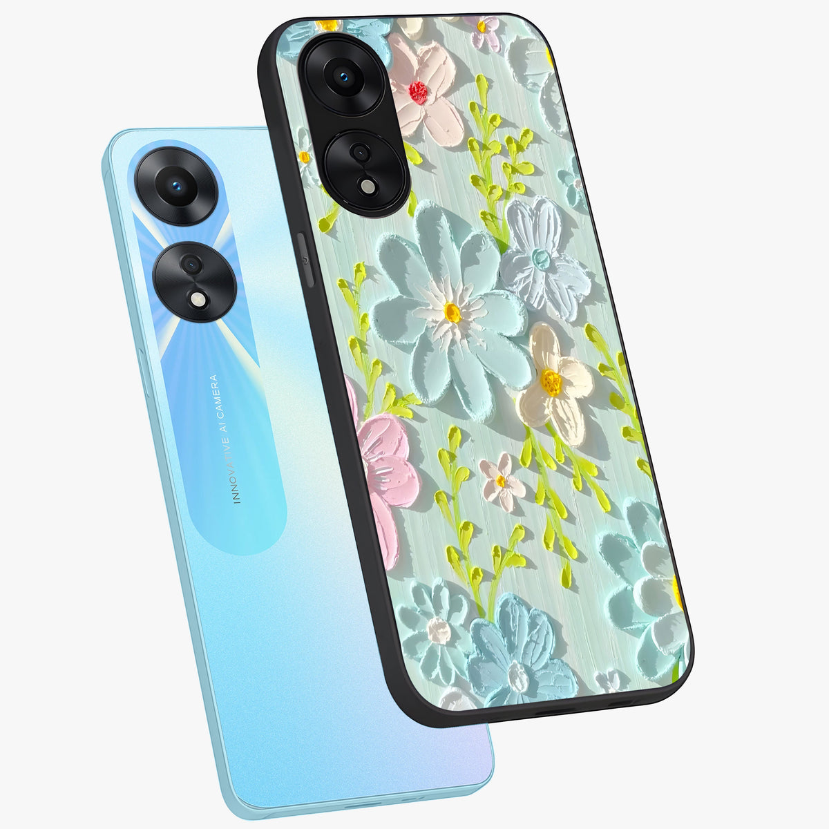 Frosted Petal Garden Glass Case displayed in angled mockup highlighting delicate flower petal design with calm garden aesthetic.