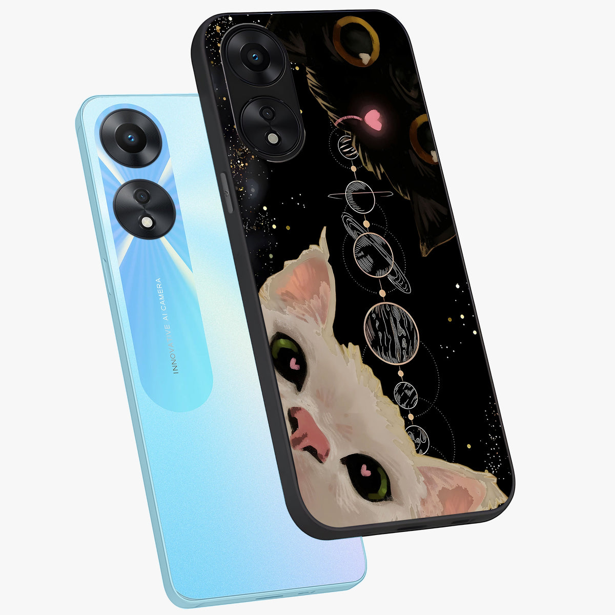 Galactic Cat Glass Case displayed in angled mockup highlighting celestial feline illustration with galaxy aesthetic style.
