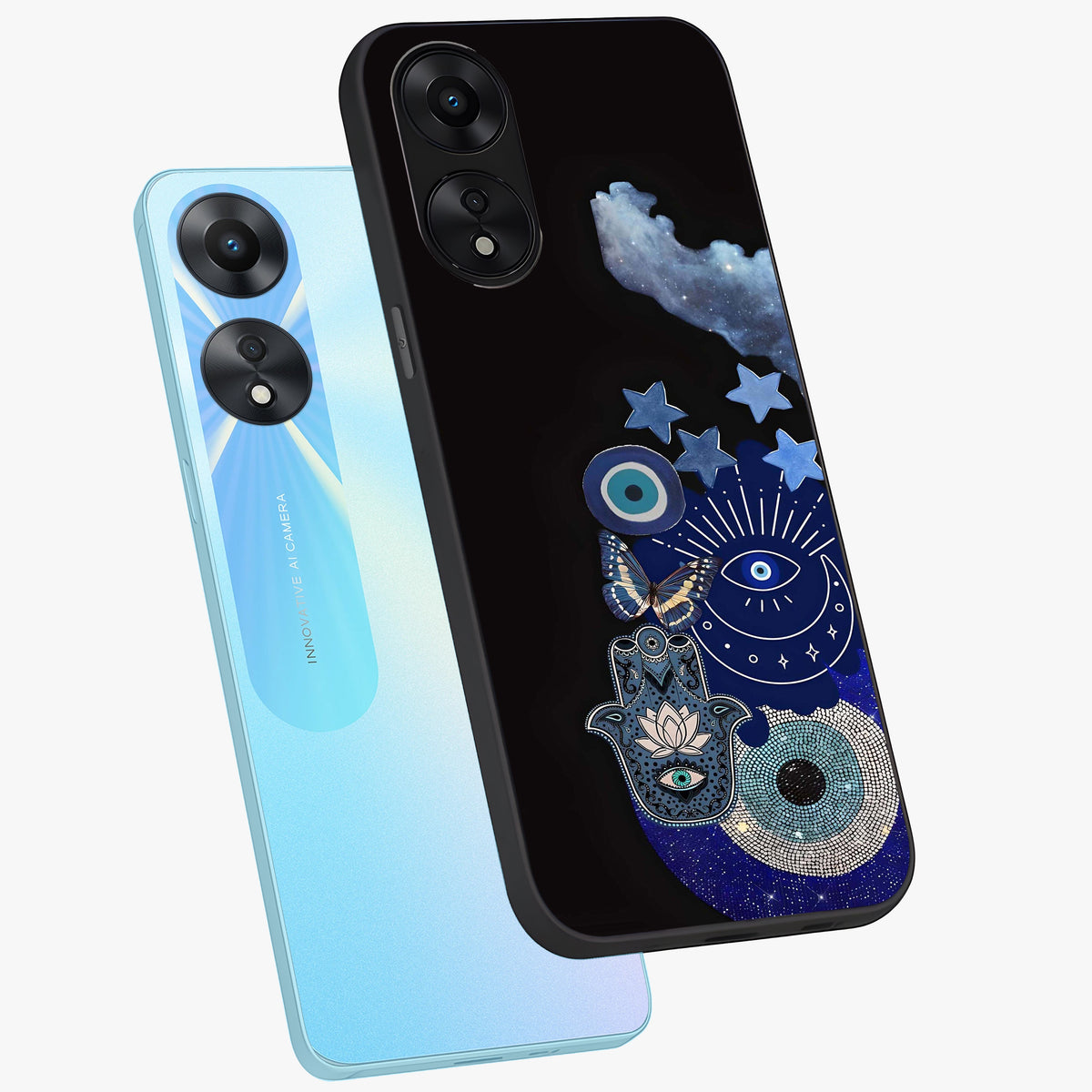 Galactic Charm Cluster Glass Case displayed in angled mockup highlighting luminous galaxy inspired design with dreamy aesthetic.