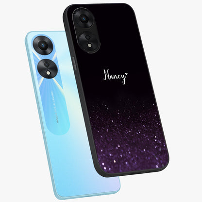 Glittery Purple Bokeh Custom Name Glass Case displayed in angled mockup highlighting glitter bokeh pattern with custom name feature.